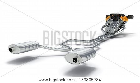 Exhaust Pipes System With Engine Isolated On White Background.3D Illustration.