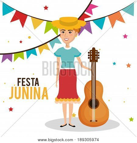 Woman celebrating festa junina with guitar and hat over white background. Vector illustration.