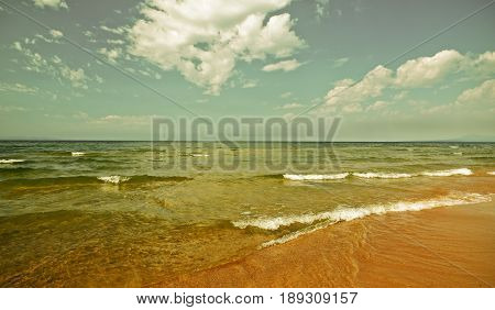 Sandy shore of Lake Baikal Turka village
