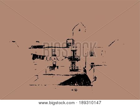 European houses. Street facades. Graphic design. Europe. Travel sketch of old town. Line artwork. Drawing of Italy landscape. Vector illustration. Poster banner postcard calendar page template.