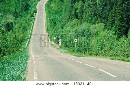 view road in Russian forest. Arhangelsk region