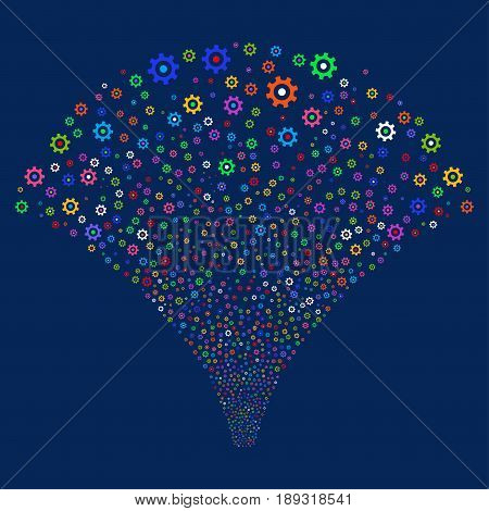 Gear salute stream. Vector illustration style is flat bright multicolored iconic symbols on a blue background. Object explosion fountain organized from random symbols.