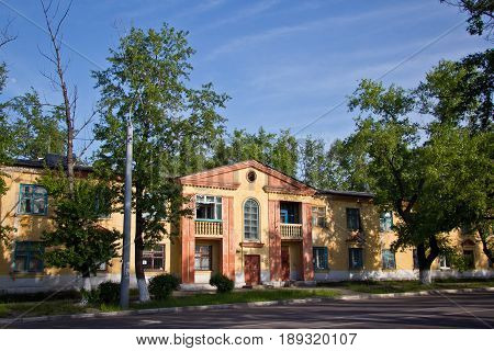 Old Soviet two storey house built by German prisoners after World War II in the late 40's and early 50's.
