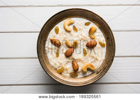 Most famous Indian sweet pudding Kheer or semiya khir in a bowl.Selective focus