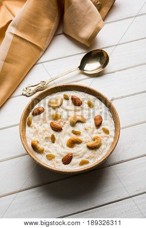 Most famous Indian sweet pudding Kheer or semiya khir in a bowl.Selective focus
