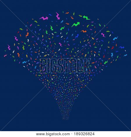 Trend salute stream. Vector illustration style is flat bright multicolored iconic symbols on a blue background. Object explosion fountain made from random pictographs.