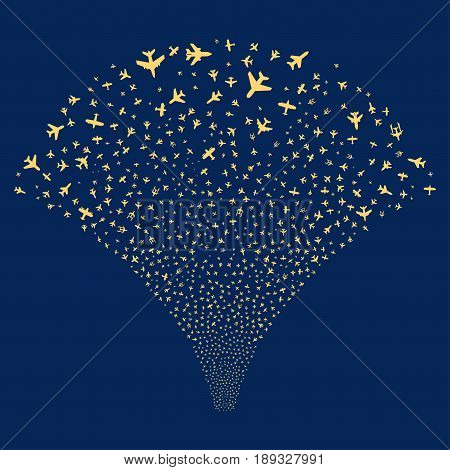 Airplanes salute stream. Vector illustration style is flat yellow iconic symbols on a blue background. Object fireworks fountain organized from random symbols.