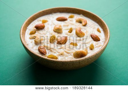 Most famous Indian sweet pudding Kheer or semiya khir in a bowl.Selective focus