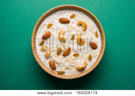 Most famous Indian sweet pudding Kheer or semiya khir in a bowl.Selective focus