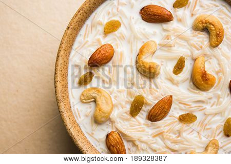 Most famous Indian sweet pudding Kheer or semiya khir in a bowl.Selective focus