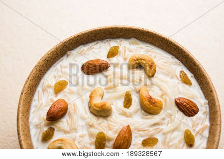 Most famous Indian sweet pudding Kheer or semiya khir in a bowl.Selective focus