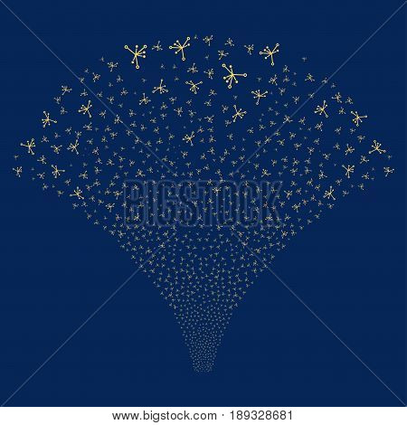 Big Bang salute stream. Vector illustration style is flat yellow iconic symbols on a blue background. Object fireworks fountain created from random symbols.