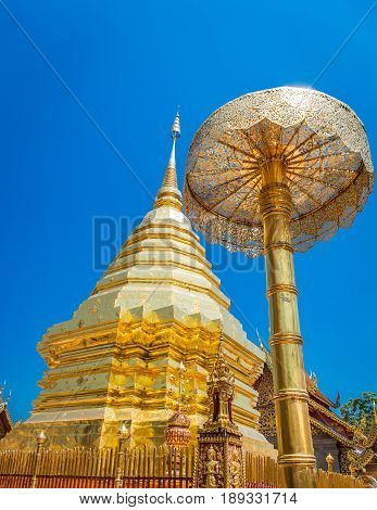 Abstract golden pagoda at Wat Phra That Doi Suthep is a Theravada buddhist temple near Chiang Mai Thailand