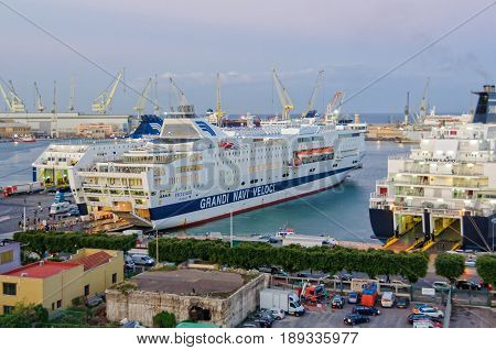 Grandi Navi Veloci ferries are loaded and unloaded in the Port of Palermo Sicily Italy, 20 October 2011