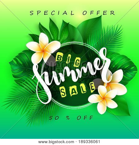 vector illustration of sale banner with hand lettering text, round frame, tropical leaves - monstera , palm, aralia and plumeria flowers.