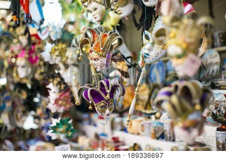 Colorful carnival Venetian masks on the market