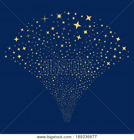Shine Stars salute stream. Vector illustration style is flat yellow iconic symbols on a blue background. Object stream fountain combined from random symbols.