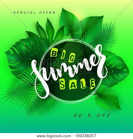 vector illustration of sale banner with hand lettering text, round frame and tropical leaves - monstera , palm, aralia.