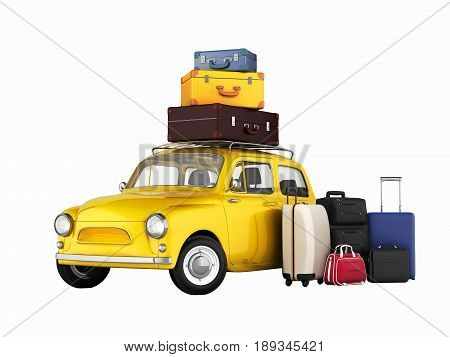 Little Retro Car With Suitcases And Bags, Travel Concept Witout Shadows 3D