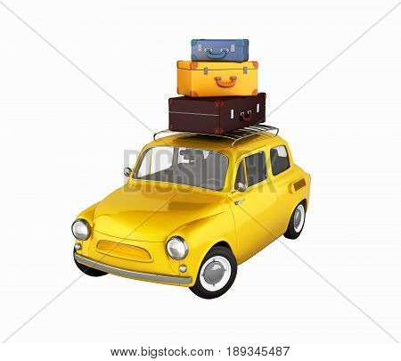 Little Retro Car With Bags, Travel Concept Witout Shadows Isolated On White Background 3D Illustrati