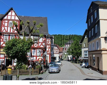 DILLENBURG, GERMANY, MAY 27 2017: View of the historic old town center of Dillenburg in Hesse which is a popular tourist destination and part of the 'German Timber Frame road'.