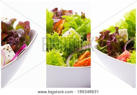 mixed vegetable salad with tomatoes onions and feta cheese in a white bowl on white background triptychon