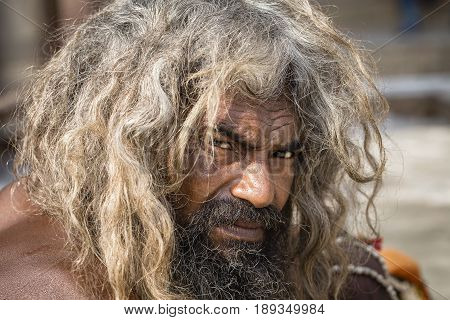 VARANASI INDIA - JANUARY 26 2017 : Portrait of Shaiva sadhu holy man on the ghats of the Ganges river in Varanasi India . Close up