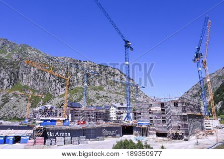 Construction Site With Cranes At Andermatt On The Swiss Alps