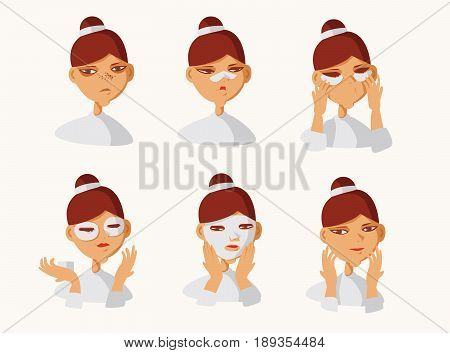 Vector set with lovely brunette girl taking care of her skin. Collection isolated on background with girl applying patches under eyes preventing blackheads refreshing skin tone. Before and after.