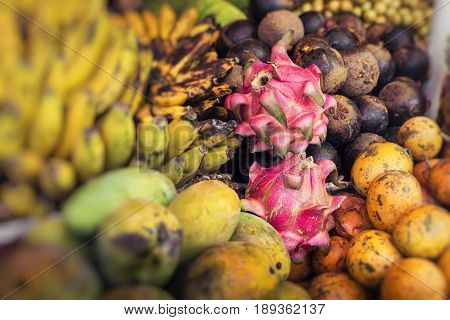 Open air fruit market in the village in Bali Indonesia.