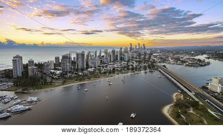 GOLD COAST, AUSTRALIA - APRIL 14 2017: Colourful sunrise over Surfers Paradise Gold Coast, view from Southport