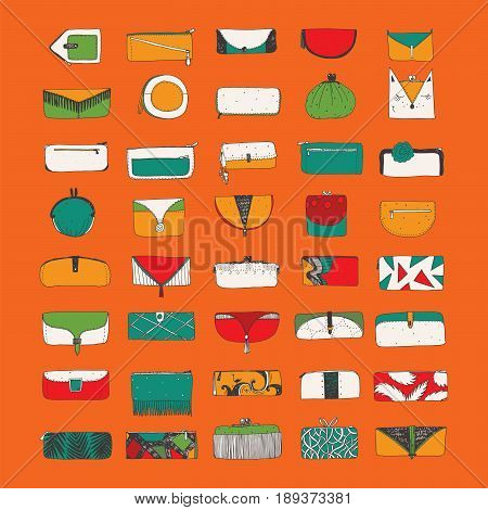 Vector set with bright purses and clutches on orange background. Hand drawn collection with accessories of different sizes and shapes in various styles. Fashion objects set good for accessories shop.