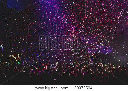 View Of Rock Concert Show In Big Concert Hall, With Crowd And Stage Lights, A Crowded Concert Hall W