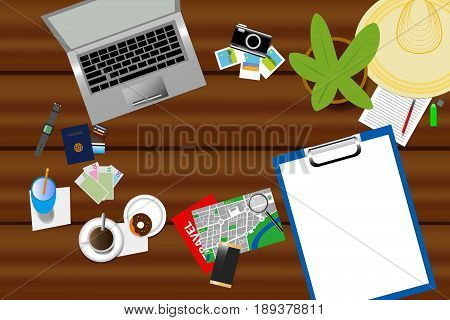 Top view of holiday planning aids are laid on a wooden table. Blank paper in right side of the vector is ready for your text