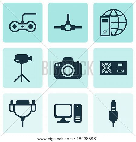 Hardware Icons Set. Collection Of Vga Cord, Camcorder, Internet Network And Other Elements. Also Includes Symbols Such As Generator, Monitor, Aux.