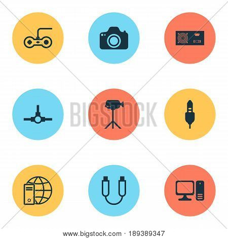 Computer Icons Set. Collection Of Joystick, Camcorder, Aux Cord And Other Elements. Also Includes Symbols Such As Gaming, Console, Camera.