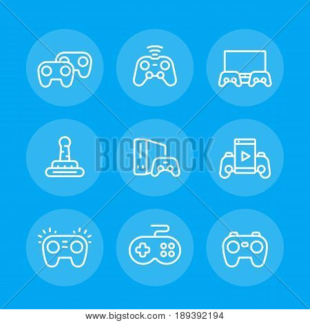 gamepads line icons set, game controllers, console, video gaming, cyber sport vector pictograms