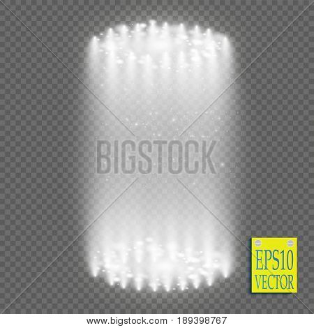 Round white glow rays night scene with sparks on transparent background. Empty light effect podium. Disco club dance floor. Show party. Beam stage. Magic fantasy portal. Futuristic teleport.
