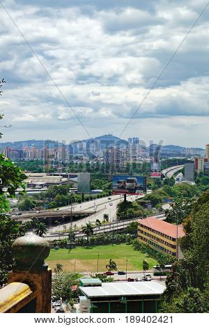 Batu Caves, Malaysia - February 7, 2016: The view from the top of the stairs at Batu Caves.