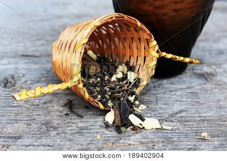 Green Tea In A Wooden Sieve, A Delicious Drink, Leaves