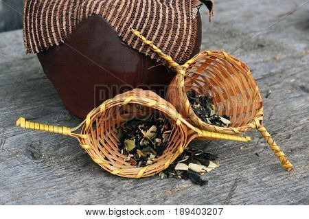 Green Tea In A Wooden Sieve, A Delicious Drink, Leaves
