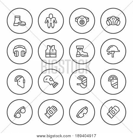 Set round line icons of protecting equipment isolated on white. Vector illustration