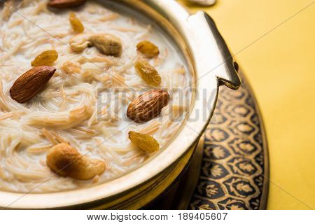 Most famous Indian sweet pudding Kheer or semiya khir in a bowl.Selective focus