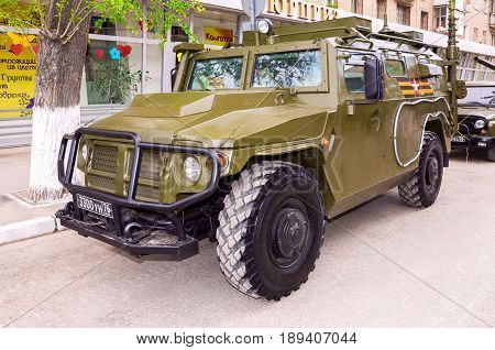 Samara Russia - May 7 2017: High-mobility vehicles GAZ-2330 Tigr is a Russian 4x4 multipurpose all-terrain infantry mobility vehicle