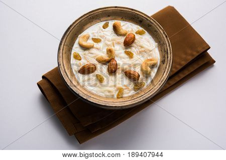 Most famous Indian sweet pudding Kheer or semiya khir in a bowl.Selective focus