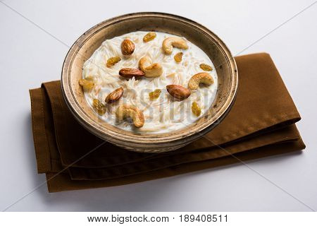 Most famous Indian sweet pudding Kheer or semiya khir in a bowl.Selective focus