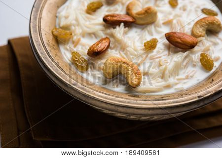 Most famous Indian sweet pudding Kheer or semiya khir in a bowl.Selective focus