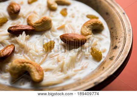 Most famous Indian sweet pudding Kheer or semiya khir in a bowl.Selective focus