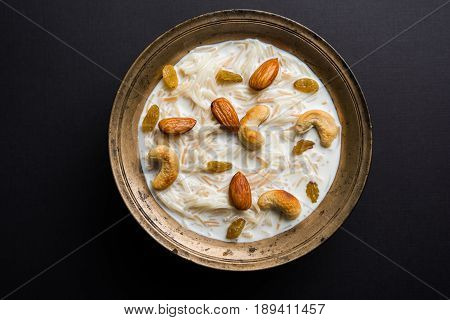 Most famous Indian sweet pudding Kheer or semiya khir in a bowl.Selective focus