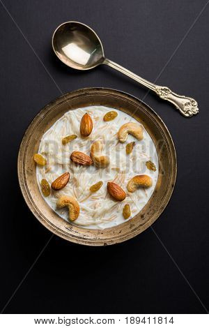 Most famous Indian sweet pudding Kheer or semiya khir in a bowl.Selective focus